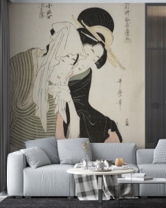 Living modern amenajat cu un fototapet spectaculos cu motive asiatice tradiționale, oferind un aspect de tapet artistic și personalizat care transformă peretele într-o galerie de artă orientală.