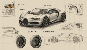 Model grafic complet pentru fototapet auto Bugatti Chiron, design pentru tapet personalizat schiță tehnică