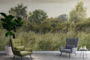 Amenajare de living modern cu fototapet personalizat în stil pictură clasică, montat în spatele unor fotolii elegante verde și în carouri, oferind un aspect de tapet premium.