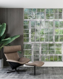Colț de relaxare cu fotoliu modern și plantă, decorat cu fototapet ferestre spre junglă, tapet personalizat cu efect 3D