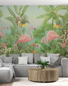 Colț de relaxare elegant cu canapea gri și măsuță rotundă din lemn, având pe fundal un fototapet vibrant cu flamingo și flori, tapet personalizat