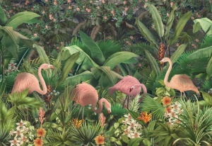 Model grafic complet pentru fototapet flamingo în junglă cu flori exotice și palmieri, design pentru tapet personalizat stil tropical