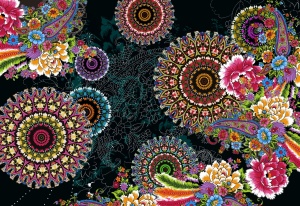 Model grafic complet pentru fototapet mandale și flori colorate pe fundal albastru închis, design pentru tapet personalizat stil boho