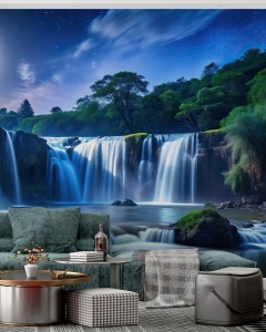 Living modern cu canapea verde decorat cu fototapet cascadă noaptea, tapet personalizat cu peisaj mistic