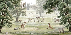 Design grafic panoramic pentru fototapet personalizat „Prietenii Pădurii”, prezentând o ilustrație detaliată cu căprioare, vulpi și alte animale sălbatice, un model de tapet artistic pentru perete.