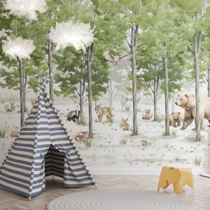 Amenajare modernă de joacă cu fototapet personalizat „Primăvara în Pădure”, cort teepee cu dungi albastre și accesorii jucăușe, un exemplu de tapet artistic pentru cei mici.
