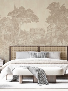 Fototapet Ruine Antice Roma la capul patului, într-un dormitor elegant cu textile crem și lemn natur