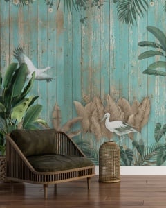 Fototapet Tropical pe Fundal de Lemn Turcoaz