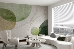 Fototapet abstract cercuri verzi în living modern cu canapea albă curbată, fotoliu bej rotunjit și măsuțe de cafea din lemn