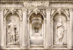 Fototapet personalizat cu arhitectură antică, coloane de marmură și statui romane cu efect 3D