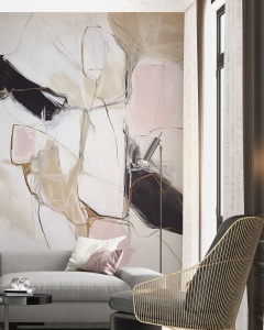 Decor living contemporan cu un fototapet artistic cu forme geometrice organice, un tapet cu design personalizat ce transformă peretele principal într-o operă de artă modernă.