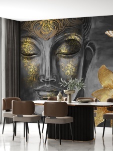 Fototapet Buddha negru auriu în dining de lux cu masă ovală albă, scaune din piele maro cu picioare negre și accente aurii