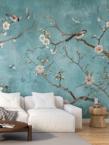 Fototapet Chinoiserie Pasari si Flori Turcoaz