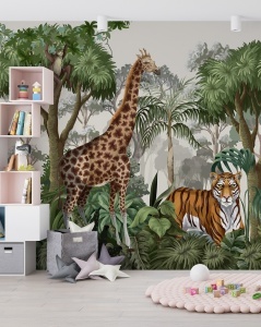 Amenajare cameră copii cu fototapet personalizat Inima Junglei, oferind un decor educativ și vesel cu animale sălbatice prin acest tapet de înaltă calitate.
