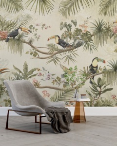 Amenajare living modern cu fototapet personalizat model tropical cu tucani, aplicat ca tapet decorativ pe peretele din zona de relaxare.