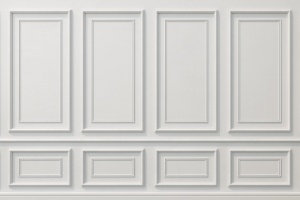 Fototapet lambriu alb cu panouri clasice în relief 3D — registru superior cu panouri mari și registru inferior cu panouri orizontale, efect neoclasic
