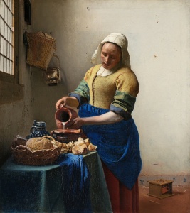 Design complet pentru fototapet personalizat Lăptăreasa de Johannes Vermeer, un tapet de înaltă rezoluție care transformă orice perete într-o capodoperă artistică.