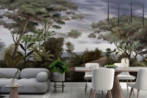 Living modern și spațios pus în valoare de un fototapet spectaculos cu pădure tropicală în ceață, un tapet personalizat ideal pentru un perete de accent monumental.