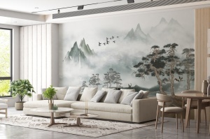 Living modern open space cu canapea bej, decorat cu fototapet panoramic munți în ceață, tapet personalizat elegant