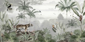 Design grafic pentru fototapet personalizat Tigru Tropical, înfățișând un tigru maiestuos, păsări exotice și vegetație bogată, un model de tapet artistic de înaltă rezoluție.