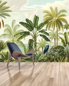 Fototapet Tropical Vintage cu Palmieri si Pasari