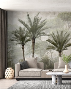 Living spațios cu canapele bej și măsuță de marmură, decorat cu fototapet umbre tropicale cu palmieri și textură vintage, tapet personalizat