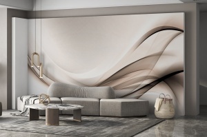 Living modern spațios cu canapea bej, decorat cu fototapet valuri abstracte în nuanțe neutre, tapet personalizat 3D