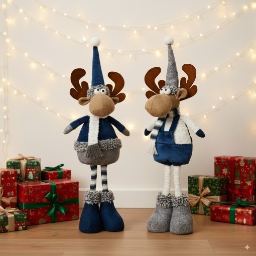 Set 2 figurine decorative pentru Crăciun, ren de plus pentru Crăciun, 50 centimetri, textil, roșu/albastru