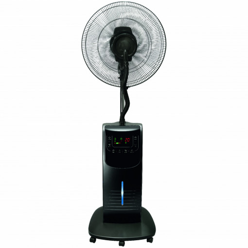 Ventilator cu pulverizare apa si telecomanda, ecran led, functie ionizare, diametru 45 cm, 3 trepte de putere, temporizator, anti insecte, putere 90 W, negru