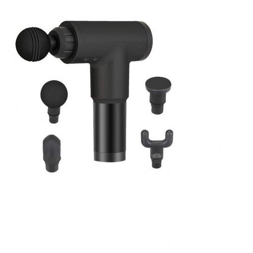 Aparat de masaj Gun Profesional Silver®, 4 capete interschimbabile, acumulator, alimentare retea, 6 trepte de viteza, masaj slabire, recuperare, negru
