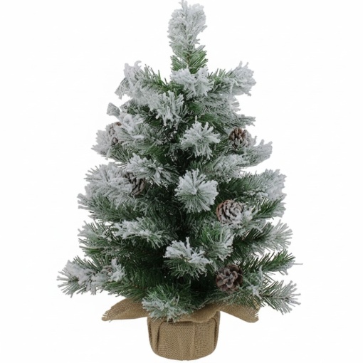 Brad de Craciun artificial BUHA®, decorat cu conuri de pin, zapada si baza de lemn cu iuta naturala, 50 cm inaltime