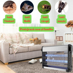 Aparat anti insecte anti țânțari, anti muște, anti molii, 2 tuburi cu ultraviolete UV, 20 W, acoperire 80 mp2, montaj pe podea sau tavan ( PRODUS RESIGILAT )