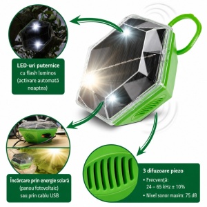 Aparat anti păsări cu ultrasunete și 2 x LED-uri, 150 m²,  panou solar, frecvență 24–65 kHz, acoperire 360°