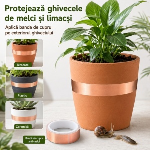 Banda de cupru anti melci, 4 metri x 25 mm, pentru protecția plantelor, bariera ecologică împotriva melcilor