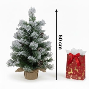 Brad de Craciun artificial BUHA®, decorat cu conuri de pin, zapada si baza de lemn cu iuta naturala, 50 cm inaltime