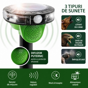 Dispozitiv anti păsări cu 3 tipuri de sunete ( lătrat de câine, pasăre de pradă, împușcătură), volum reglabil, senzor de mișcare, lumină LED