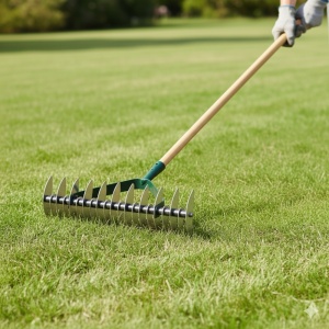 Greblă pentru scarificat aerat gazonul Buha ProRake, lățime 38 cm, mâner lemn inclus, oțel, 21 dinți, scarificator manual