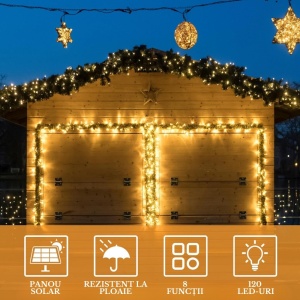 Instalație brad solară pentru Crăciun cu LED-uri, 9 metri, lumină caldă, cablu negru, 8 funcții, 120 LED-uri, IP-44, pentru exterior, panou solar