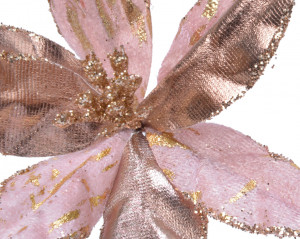 Set 2 flori pentru brad de Crăciun Poinsettia, 11 cm, polyester premium, culoare roz, cu sclipici, prindere cu clip