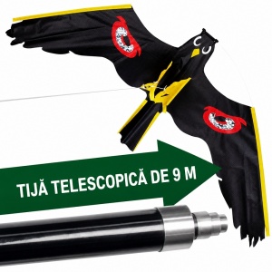 Sperietoare de păsări tip zmeu șoim, 9 metri, kit complet zmeu + prăjină telescopică, anti grauri, anti porumbei, anti ciori, anti vrabii, anti prigorii