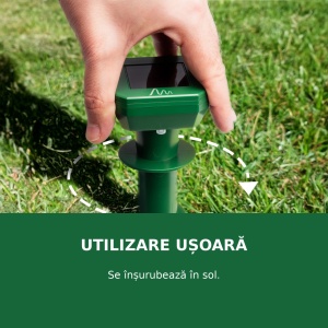 Aparat anti cârtițe și șoareci de câmp cu ultrasunete, alimentare solară, acoperire 700 m², panou solar, certificare IPX4, 25.5 centimetri, cu înșurubare