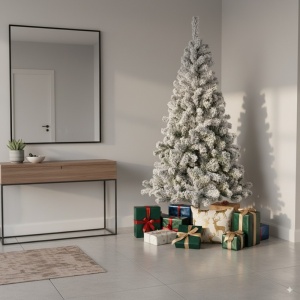 Brad artificial frosted Oslo, aspect nins, 180 centimetri, 300 crengute, aspect 3D, PVC, suport metalic