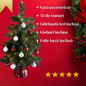 Brad artificial împodobit Buha, 50 cm, 4 combinații de accesorii incluse, instalație LED cu 20 lumini incluse, 54 ramuri