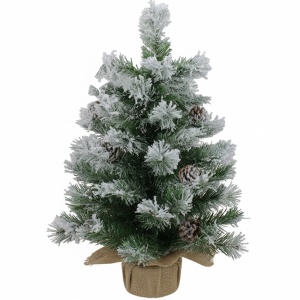 Brad de Craciun artificial BUHA®, decorat cu conuri de pin, zapada si baza de lemn cu iuta naturala, 50 cm inaltime