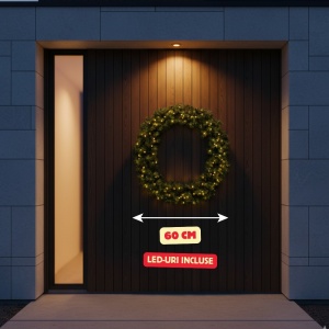 Coroniță de Crăciun imperială cu 50 LED-uri, aspect natural, 60 x 16 centimetri, lumină caldă, alimentare baterii, verde, timer