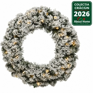 Coroniță de Crăciun imperială cu 50 LED-uri, aspect nins, 60 x 8 centimetri, lumină caldă, alimentare baterii, alb/verde, timer