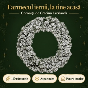 Coroniță de ușă pentru Crăciun Everlands, cu zăpadă,  diametru 50 cm, 110 rămurele, din brad artificial