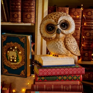 Figurină decorativă de Crăciun cu LED, Bufniță Magică pe carte, cu ochelari, 24,5 cm, lumină caldă