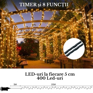 Instalație brad Crăciun, 1995 cm, lumină caldă, cablu verde, 8 funcții, timer, 400 LED-uri, IP-44, pentru interior/exterior