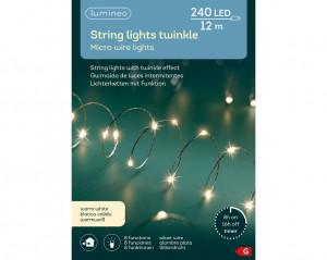 Instalație brad Crăciun cu micro LED-uri, 1200 cm, lumină caldă, cablu argintiu/transparent, 8 funcții, timer, 240 LED-uri, IP-44, pentru interior/exterior, alimentare 230 V